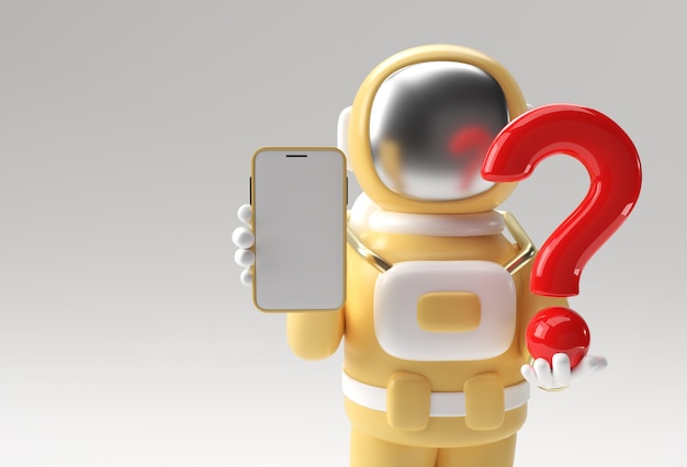 3d render astronauta trzymając znak zapytania z pustą makieta mobilnych 3d ilustracja projektu.