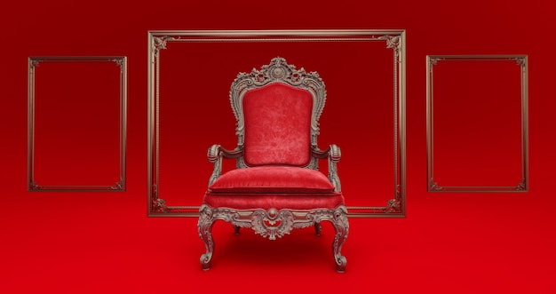 3d render klasycznego barokowego fotela tronowego w kolorach brązu i czerwieni na białym tle na ciemnym czerwonym tle. fotel tronowy ze złotą ramą