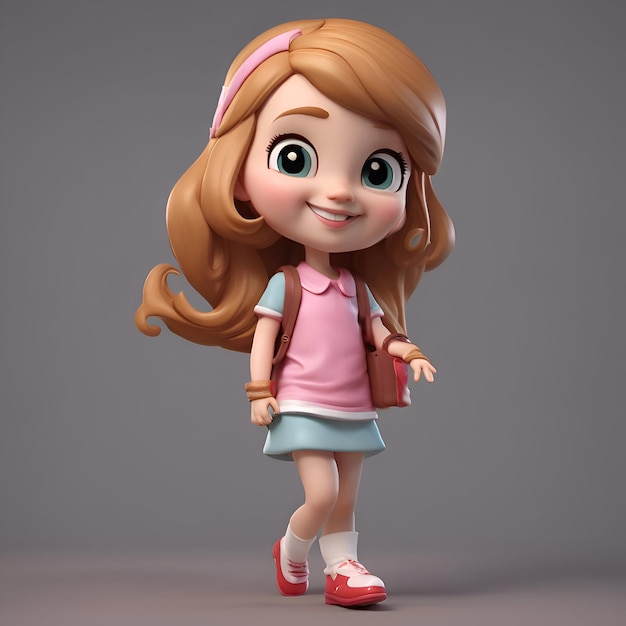 3D Render kreskówki Mała dziewczynka z plecakiem na szarym tle