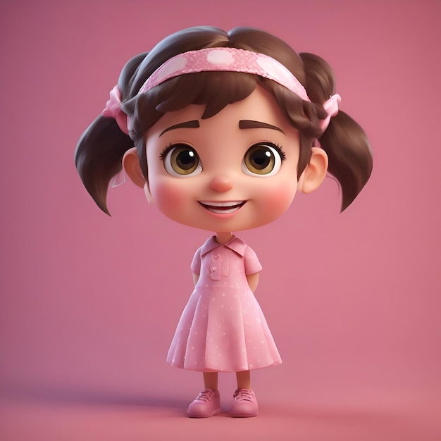 3D Render słodkiej dziewczynki w różowej sukience