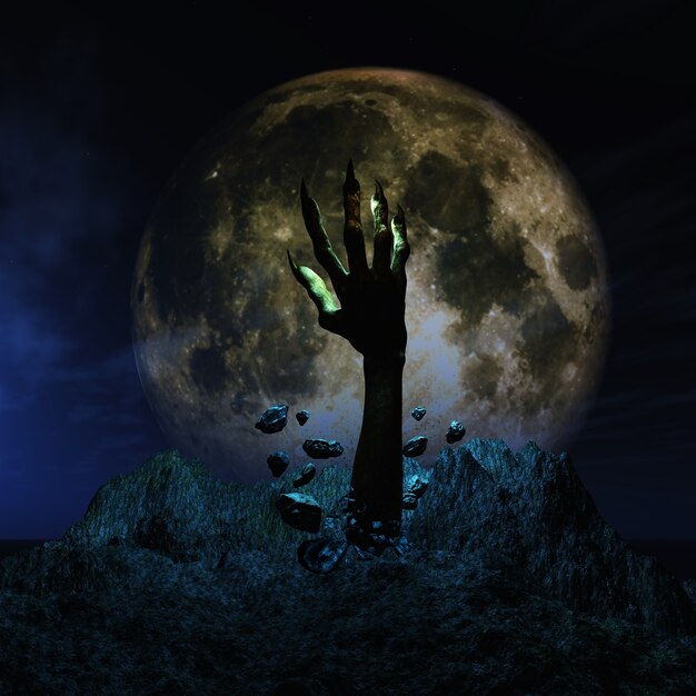 3D render tło Halloween z zombie hand wybucha z ziemi