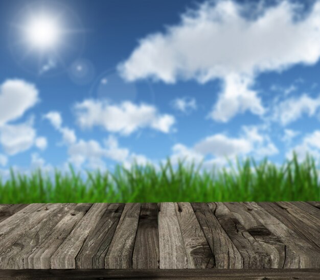 3D render z drewnianym stole na tle błękitnego nieba słoneczny
