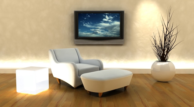 3d render z kanapą i telewizorem na ścianie