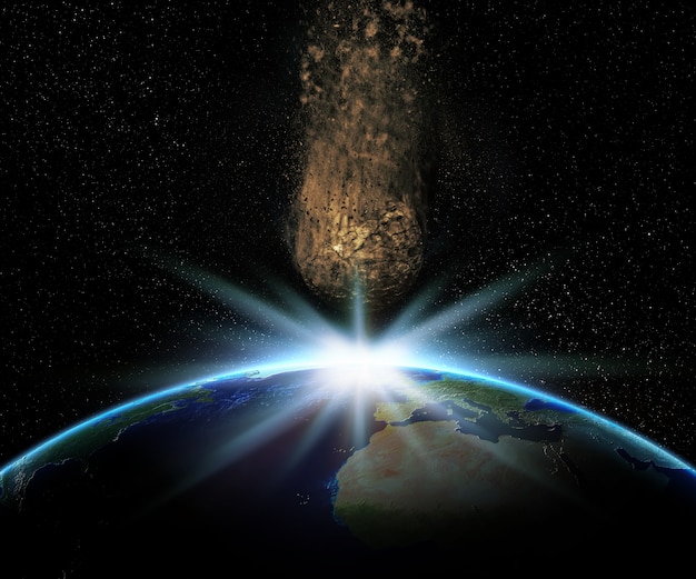 3D render Ziemi z ogromną asteroidą pędzących ku niemu