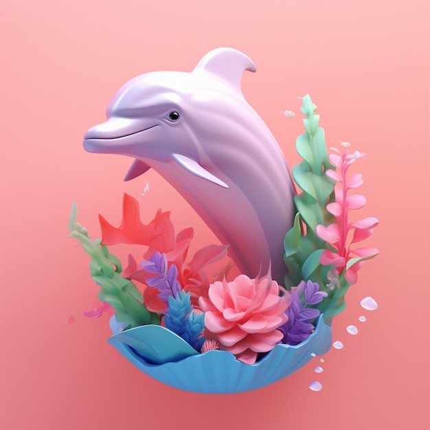 Bezpłatne zdjęcie 3d rendering delfina pływającego nad kwiatem