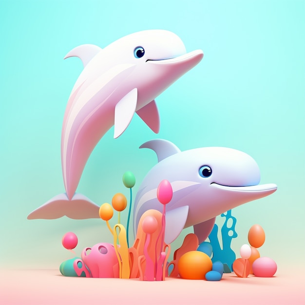 Bezpłatne zdjęcie 3d rendering delfinów z koralowcami