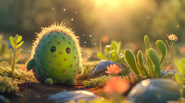 Bezpłatne zdjęcie 3d rendering kreskówki kaktusów z przyjazną twarzą