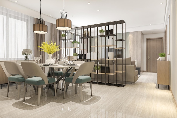 Bezpłatny plik Zdjęcie 3d rendering loft luksusowy salon z półką w pobliżu stołu jadalnego