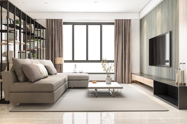 Bezpłatne zdjęcie 3d rendering loft luksusowy żywy pokój z półka na książki