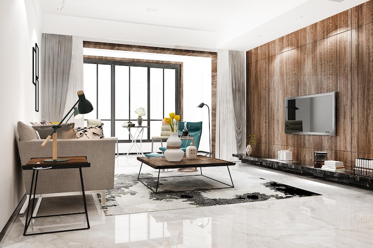 Bezpłatny plik Zdjęcie 3d rendering loft skandynawski salon z biurkiem i półką do książek