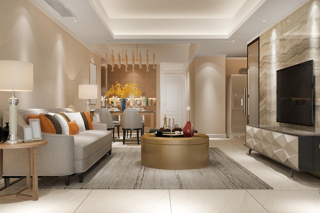 3d rendering nowoczesna jadalnia i salon z luksusowym wystrojem