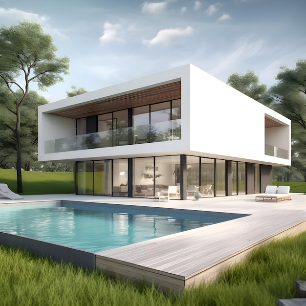 3d rendering nowoczesnego przytulnego domu z basenem i parkingiem na sprzedaż lub wynajem