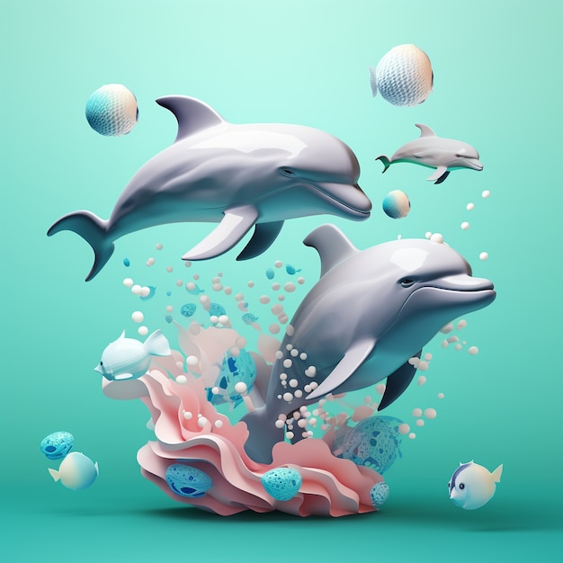 Bezpłatne zdjęcie 3d rendering pływających delfinów