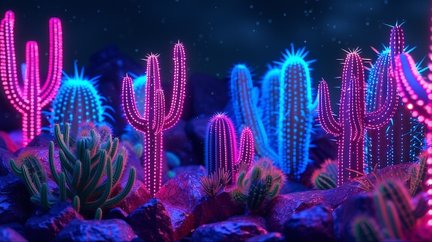 3D rendering żywych neonowych kaktusów na pustyni.