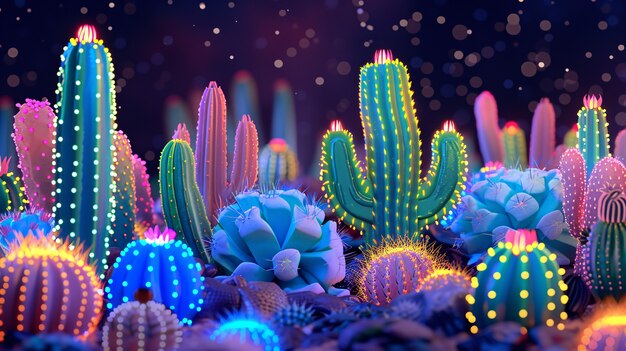 3D rendering żywych neonowych kaktusów na pustyni.