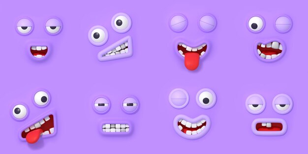 3D renderowania twarz emoji oczy i usta na białym tle zestaw