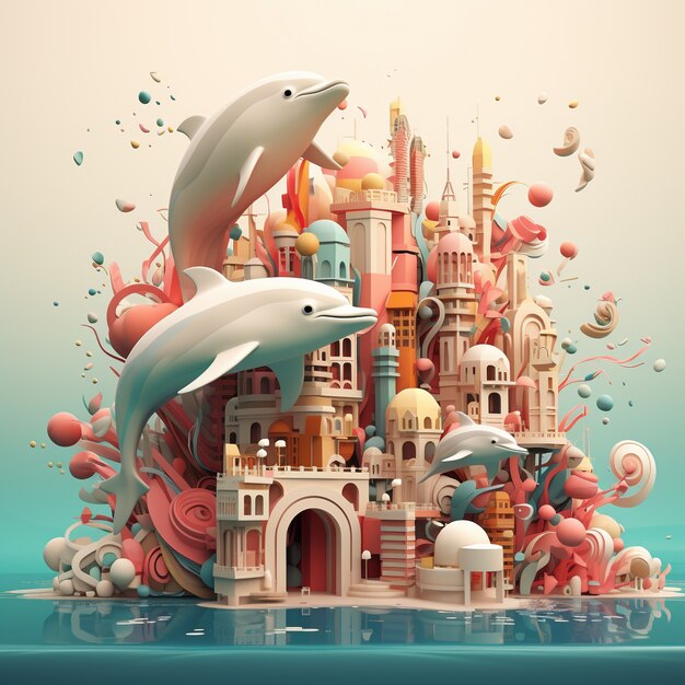 3D renderowanie delfinów w podwodnym mieście