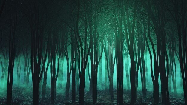 3D renderowanie krajobrazu Halloween z upiornym lasem mglistym