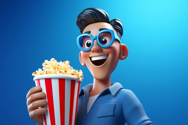 3D renderowanie osoby oglądającej film z popcornem
