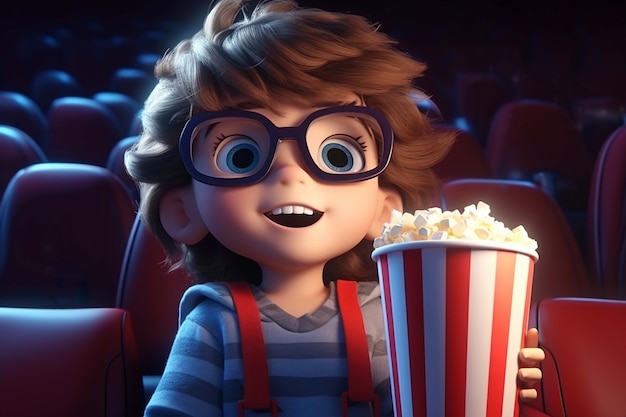 3D renderowanie osoby oglądającej film z popcornem