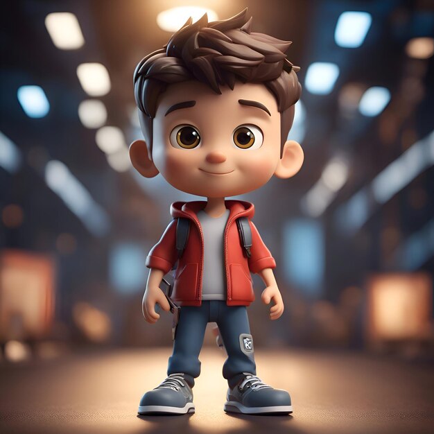 3D renderowanie słodkiego chłopca w czerwonej kurtce z plecakiem