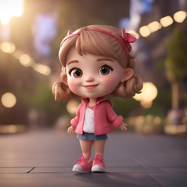 Bezpłatne zdjęcie 3d renderowanie słodkiej dziewczynki w mieście w nocy