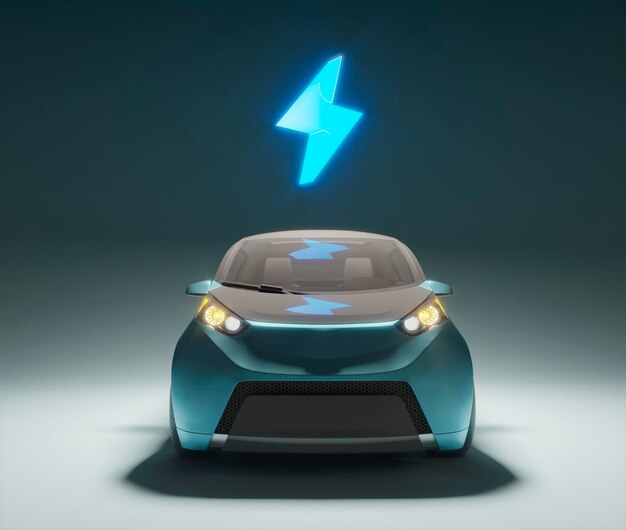 3D samochód elektryczny z symbolem naładowanej baterii