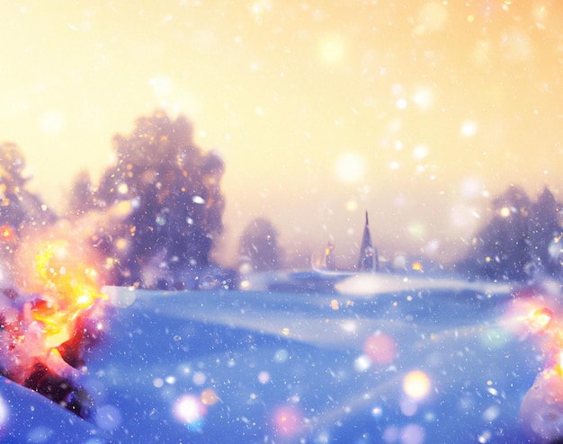 Bezpłatne zdjęcie 3d śnieżna zima świąteczny krajobraz o zachodzie słońca