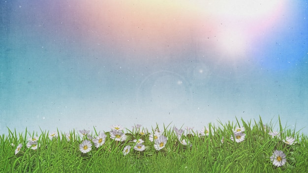 Bezpłatne zdjęcie 3d stokrotki w trawie słonecznym niebie z grunge retro skutkiem
