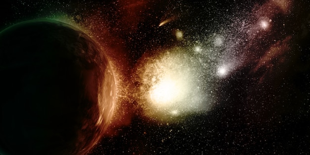 Bezpłatne zdjęcie 3d tło kosmiczne z fikcyjnymi planetami i mgławicą