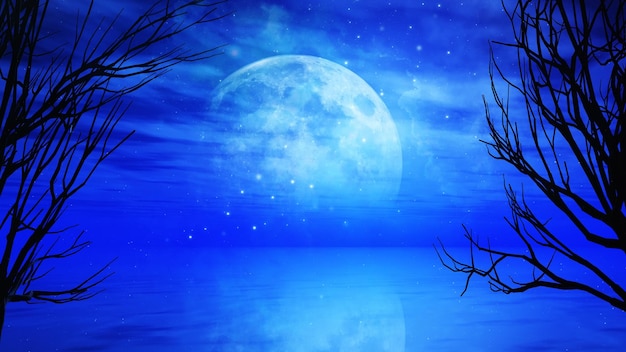 Bezpłatne zdjęcie 3d tło nocy halloween z księżycowym krajobrazem