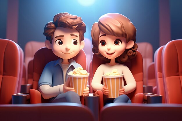 3D widok pary w kinie oglądającej film