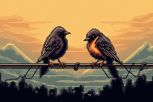 8-bitowa, pikselowa scena graficzna z ptakami