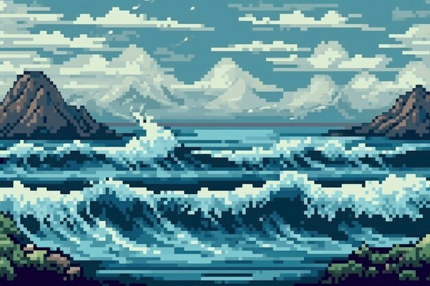 8-bitowa scena pikseli graficznych z falami oceanu