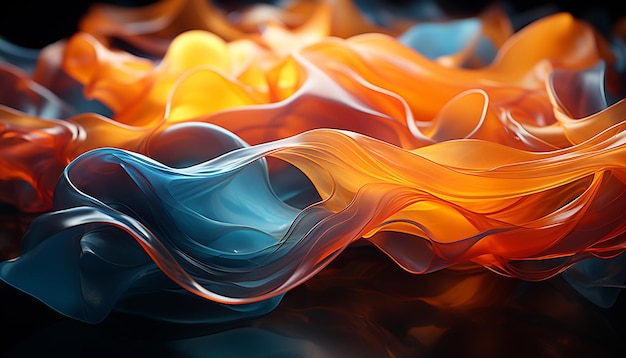 Abstrakcyjne kształty płomieni płynące w żywych kolorach niebieskim i żółtym generowane przez sztuczną inteligencję