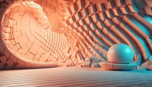 Abstrakcyjny, nowoczesny kształt oświetla futurystyczny pokój domowy generowany przez sztuczną inteligencję