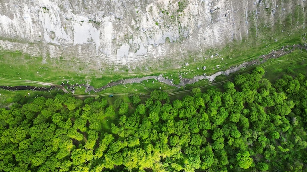 Bezpłatne zdjęcie aerial drone pionowy widok natury w mołdawii wąska rzeka pływająca w kanionie ze skalistym