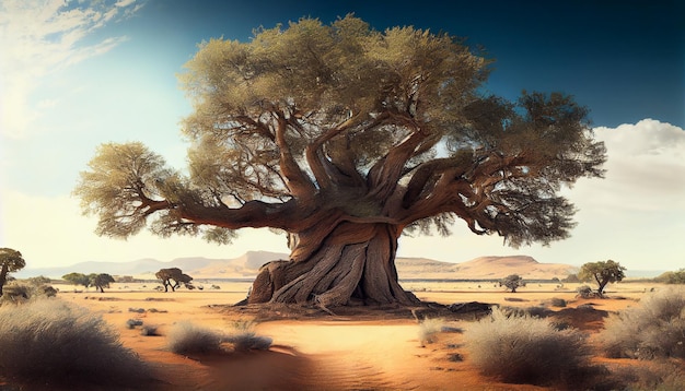 Afrykańska sawanna o zachodzie słońca pasie się na starożytnych drzewach generowanych przez sztuczną inteligencję