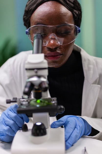 Afrykański biolog analizujący zielony liść gmo