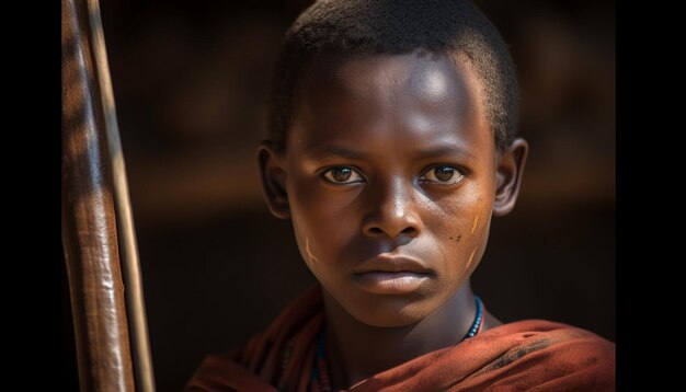 Afrykański chłopiec uśmiecha się pomimo biedy i samotności generowanej przez sztuczną inteligencję