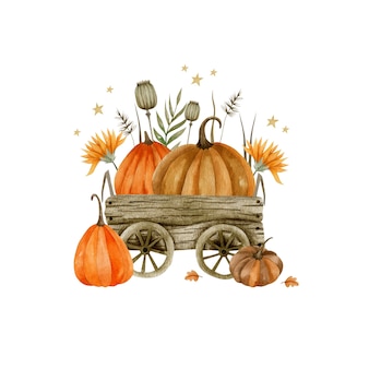 Akwarela ilustracja drewnianego wózka z dyniami jesienne rośliny halloween wakacje