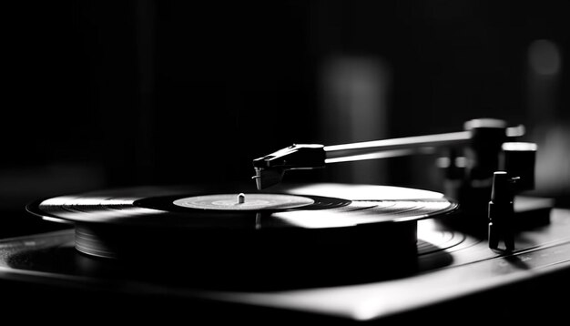 Analogowy gramofon obracający ścieżkę dźwiękową w stylu retro w klubie nocnym generowany przez sztuczną inteligencję