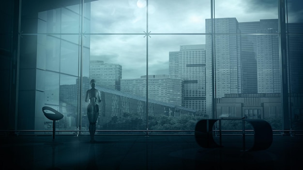 Android przed panoramicznym oknem z widokiem na miejskie budynki d render