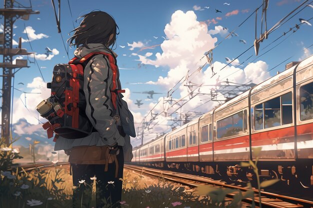 Anime krajobraz osoby podróżującej