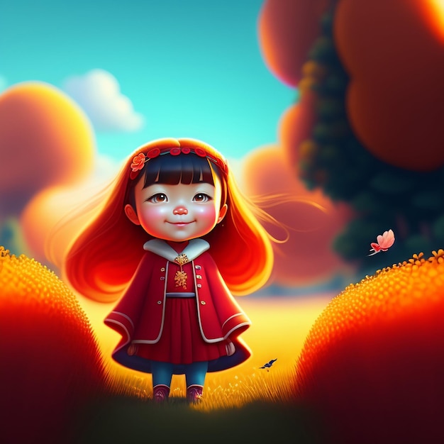 Bezpłatne zdjęcie animowany obraz dziewczyny z rudymi włosami i czerwoną peleryną.