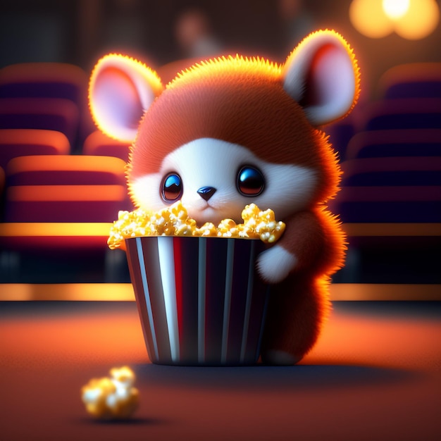 Animowany obraz myszy trzymającej miskę popcornu.