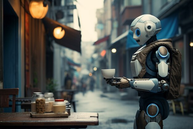 Antropomorficzny futurystyczny robot wykonujący zwykłą ludzką pracę