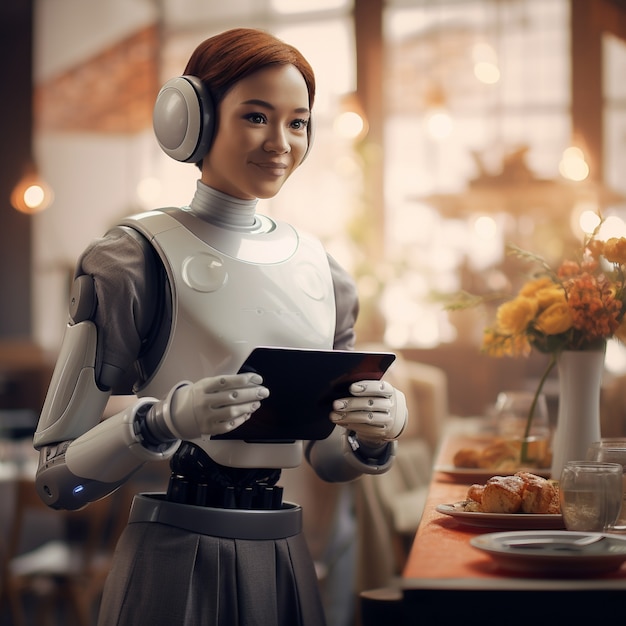 Bezpłatne zdjęcie antropomorficzny futurystyczny robot wykonujący zwykłą ludzką pracę