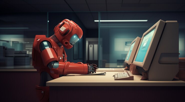 Bezpłatny plik Zdjęcie antropomorficzny robot wykonujący zwykłą ludzką pracę w przyszłości