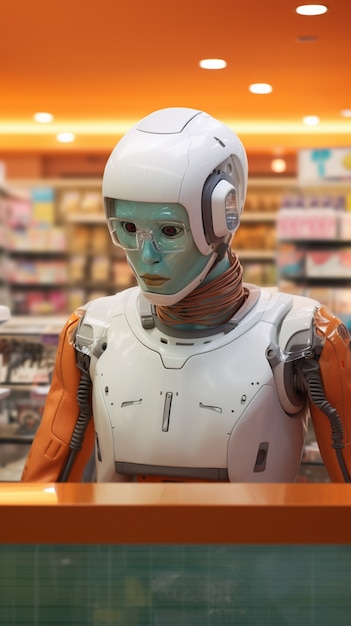 Bezpłatne zdjęcie antropomorficzny robot wykonujący zwykłą ludzką pracę w przyszłości